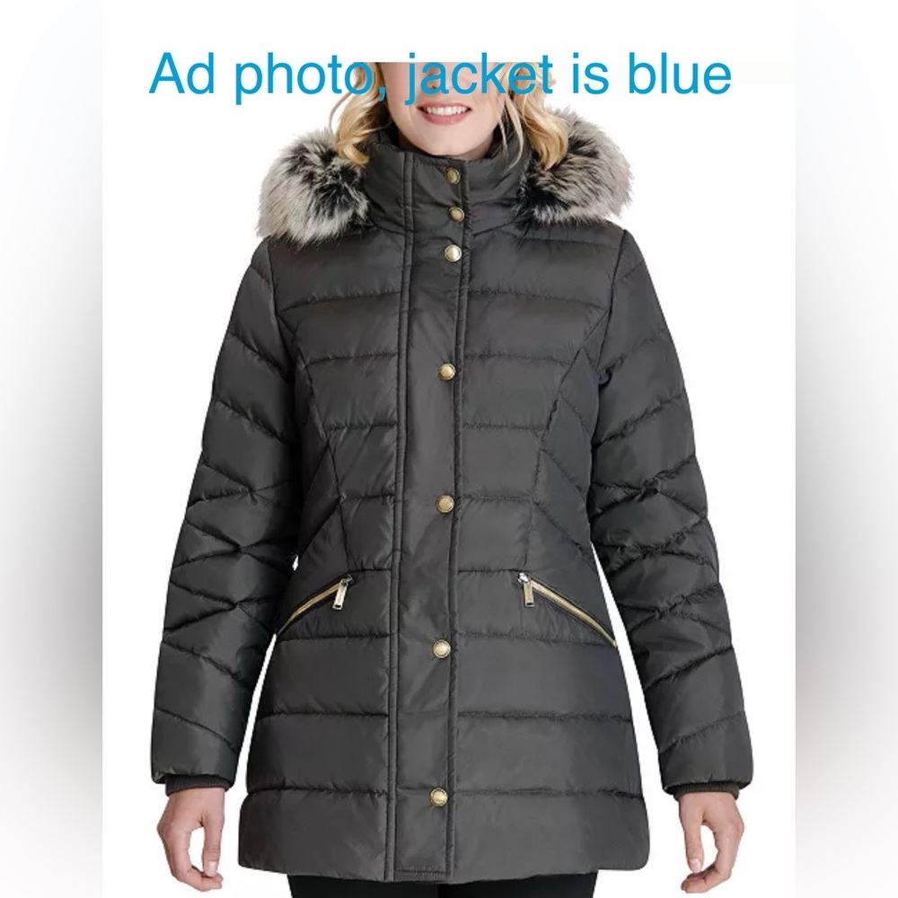 London Fog Navy Blue Faux-Fur Trim Hooded Down Puffer Jacket